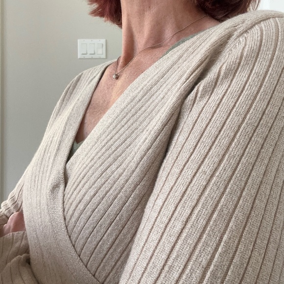Shimmery Golden Ribbed Faux Wrap Sweater - Picture 5 of 9
